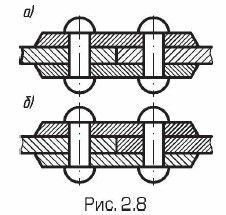 При трех и более смежных сечениях разных деталей изменяют как направление штриховки (рис. 2.8, б), так и шаг