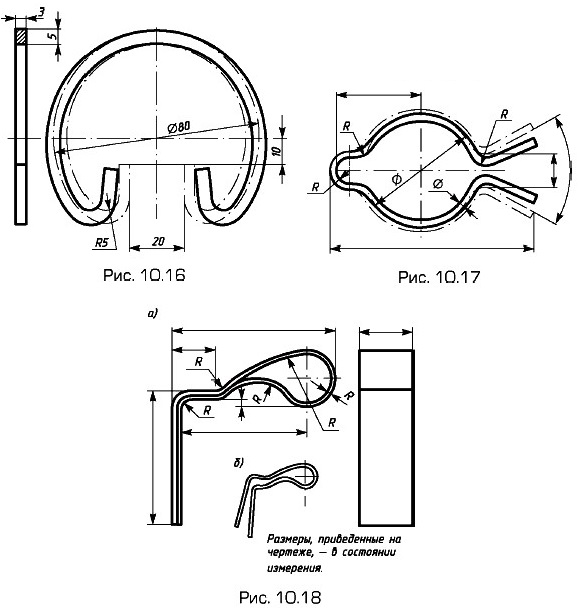 Размеры пружинных деталей (типа стопорных или установочных колец)