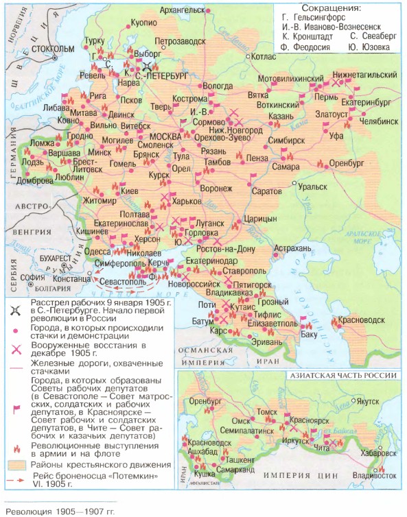 Первая российская революция 1905 1907 контурная карта готовая 9 класс