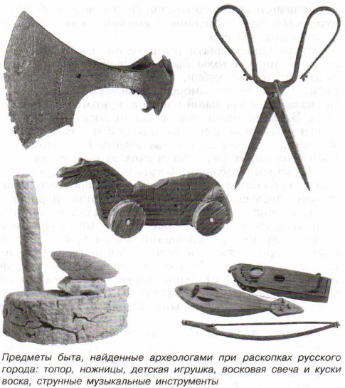 Предметы быта, найденные археологами при раскопках русского города: топор, ножницы, детская игрушка, восковая свеча и куски воска, струнные музыкальные инструменты