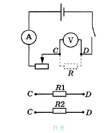 Соберите схему, состоящую из соединённых последовательно источника тока, реостата, амперметра, одного резистора